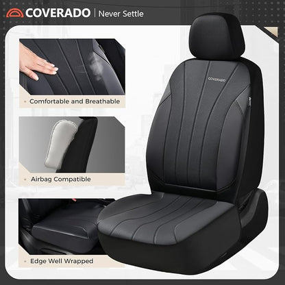 Coverado Automotive Front and Rear Seat Covers, Car Seat Covers Full Set, Leather Car Seat Covers Full Set 5 Seats, Airbag-Compatible, Spill-Proof Design, Black Seat Covers for SUV Sedan Truck