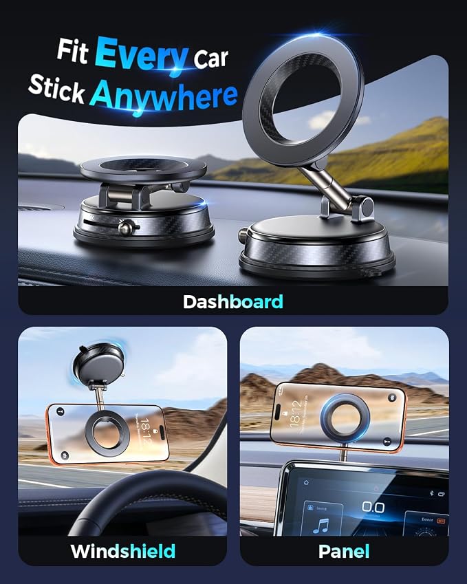 2026 Upgraded Vacuum Magnetic Car Phone Holder, 85LBS Strongest Suction & 2600gf Magnetic for Magsafe Car Mount, 360° Adjustable Foldable Cell Phone Holders for Your Car for iPhone 17 Pro Max 16 15