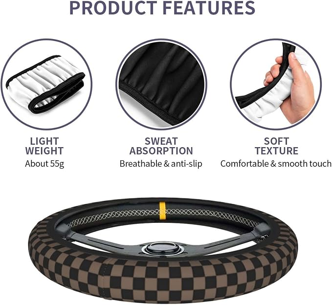 Checkered Black Brown Steering Wheel Cover 15 Inch Car + 2 pc Car Coasters | Black Brown Checkered Steering Wheel Cover Anti-Slip Breathable Universal for Suitable