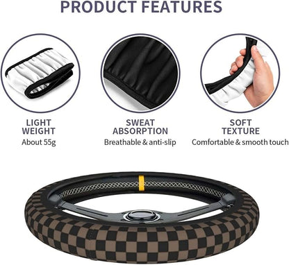 Checkered Black Brown Steering Wheel Cover 15 Inch Car + 2 pc Car Coasters | Black Brown Checkered Steering Wheel Cover Anti-Slip Breathable Universal for Suitable