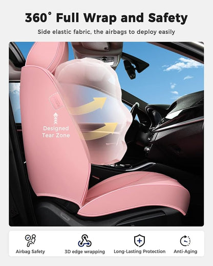 Huidasource Front Seat Covers, Universal Fit for Most Cars SUV Trucks, Full Coverage Leather Seat Cover, Airbag Compatble, Seat Function Retain, Storage Pocket Design, Easy to Install, Pink