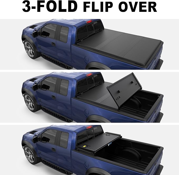 KUIPERAUTO 6.8FT Fiberglass Hard Tri Truck Bed Tonneau Cover Compatible for Ford F250/350 1999-2024 Super Duty 82Inch