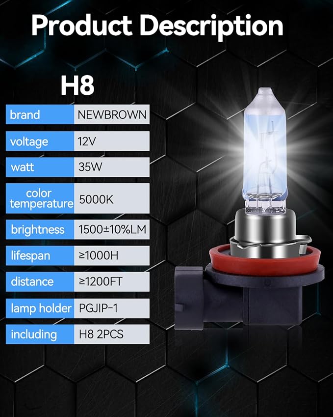 NEWBROWN H8 Bulb H8 Halogen fog light bulb 5000K Super White Light Long Life Replacement PGJI9-1 12V/35W (H8, 2 Pack)