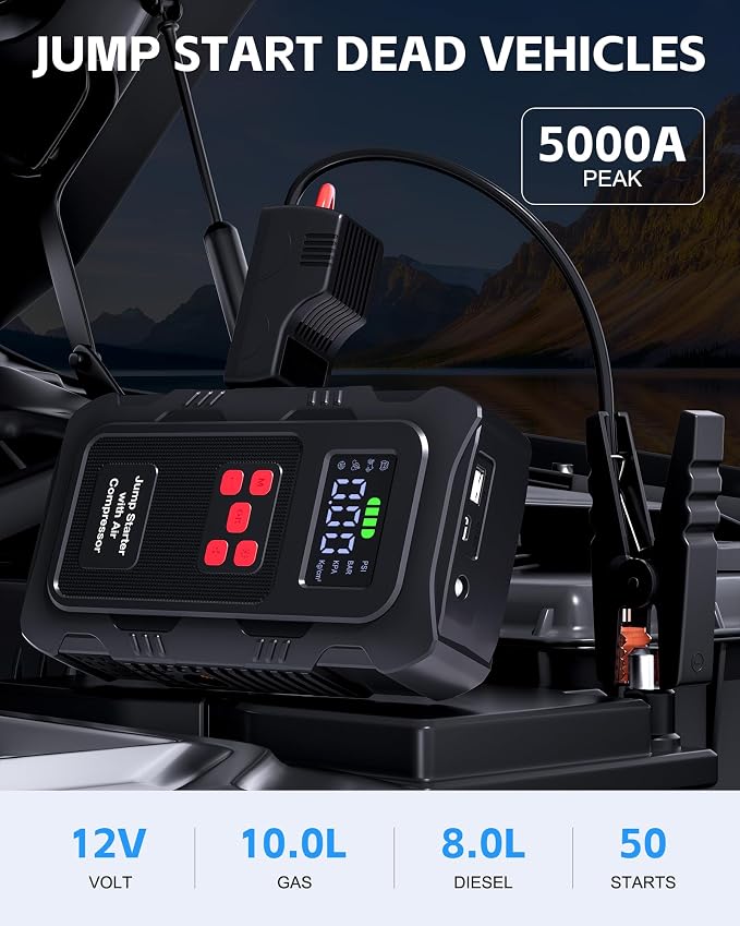 5000A Jump Starter with Air Compressor, Portable Car Battery Jump Starter with 150 PSI Tire Inflator for Up to 10.0L Gas and 8.0L Diesel Engines, 12V Jump Box with LCD Display