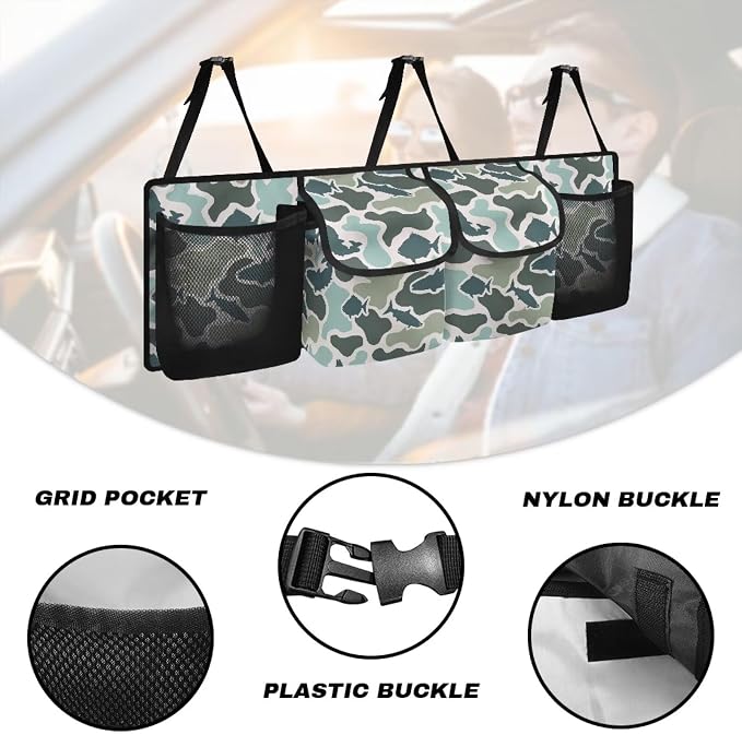Fish Camo Car Backseat Organizer Waterproof Foldable Cars Interior Organizing Accessories Backseat Hanging Organizer with 4 Storage Bag for Cars Sedans and SUVs