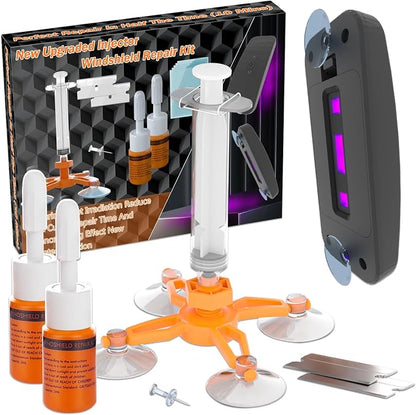 Brennenstuhl Windshield Repair Kit for Chips and Cracks, Rock Chip Repair Kit Windshield, for All Car Windshield Crack Repair Kit to Repair Scratches, with Curing and Pressurizing Device (Orange)
