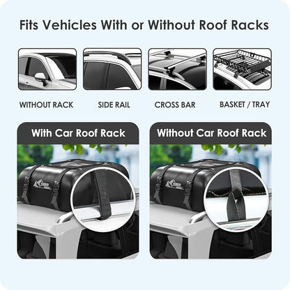 Car Rooftop Cargo Carrier Bag 15 Cubic Feet, 100% Waterproof Heavy Duty Car Roof Bag for All Vehicle with/Without Racks - Anti-Slip Mat, 4 Door Hooks, Storage Bags, 4PCS 3.8CM Straps(Gray)