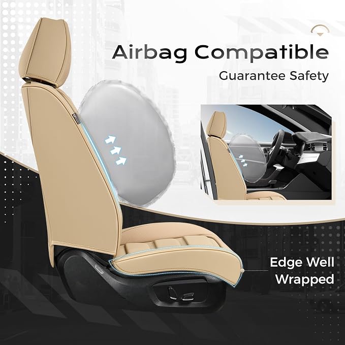 Coverado Car Seat Covers, Front Covers for Cars, Car Seat Cover Front Seats, Automotive Seat Cover, Waterproof, Leather Car Seat Cushion, Universal Interior Covers Seat Protectors for Most Cars Beige