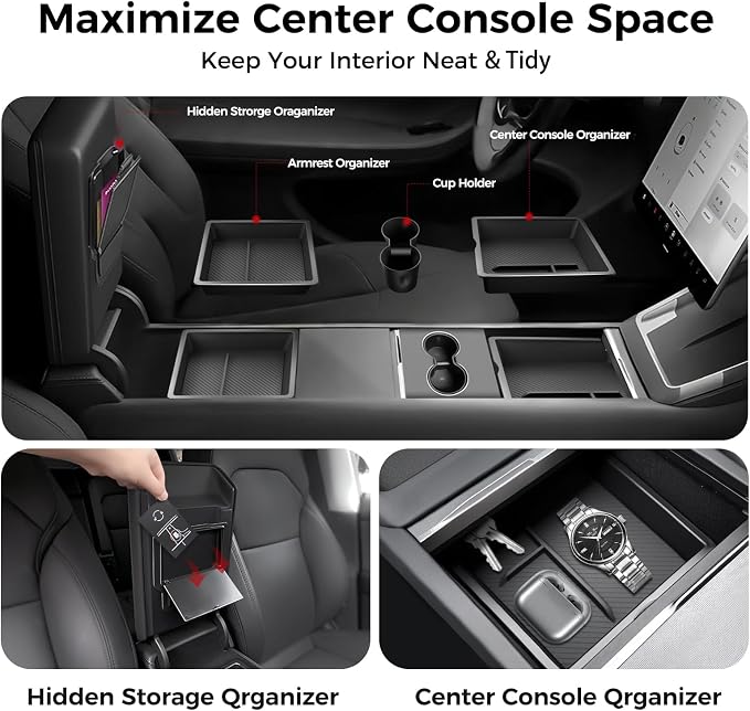 Center Console Organizer 5PCS Compatible with Tesla Model Y Juniper2026, Armrest Storage Tray, Hidden Storage Box, Cup Holder, Phone Holder – Interior Accessories for New Model Y/3 2025