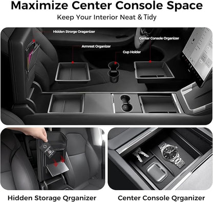 Center Console Organizer 5PCS Compatible with Tesla Model Y Juniper2026, Armrest Storage Tray, Hidden Storage Box, Cup Holder, Phone Holder – Interior Accessories for New Model Y/3 2025