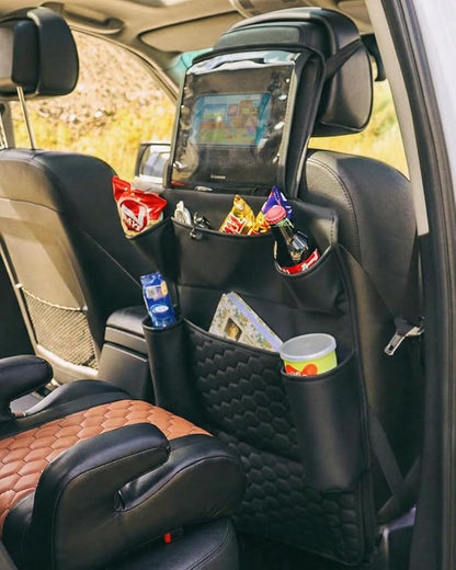 Owleys Set Seat Back Organizer & Car Seat Protector Hexy Waterproof & Non-Slip Protector for Child Car Cushion for Leather and Fabric Seats (Black Set 1)