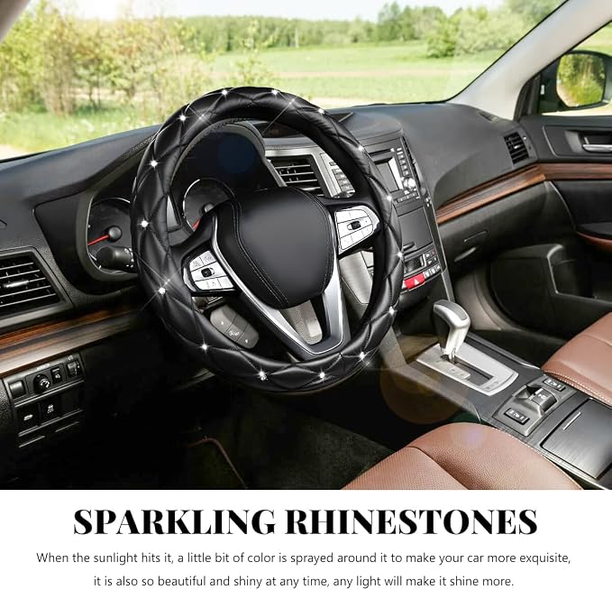 Bling Car Steering Wheel Cover, 15 Inch Diamond Leather Anti-Slip Auto Steering Wheel Protector, Cute Sparkly Rhinestones Wheels Cover Automotive Decoration for Women Girl (Black)