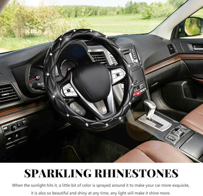 Bling Car Steering Wheel Cover, 15 Inch Diamond Leather Anti-Slip Auto Steering Wheel Protector, Cute Sparkly Rhinestones Wheels Cover Automotive Decoration for Women Girl (Black)