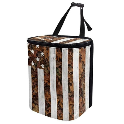 Talayituse American Flag Hunting Camo Print Car Trash Can Portable Auto Garbage Bin Multifunctional Vehicle Interior Accessories with Adjustable Straps 4th of July Decor Universal Fit Truck SUV Sedan