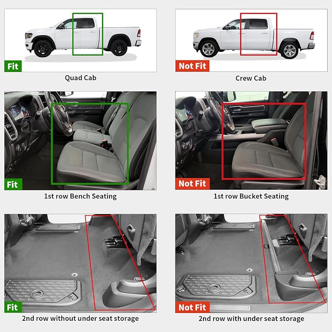 LASFIT Floor Mats for 2019-2024 Dodge Ram 1500 Quad Cab Without 2nd Row Under Seat Storage, Fit for Bench Seat & Carpet Flooring, All Weather TPE Custom Fit Car Mats Floor Liners 1st & 2nd Row, Black