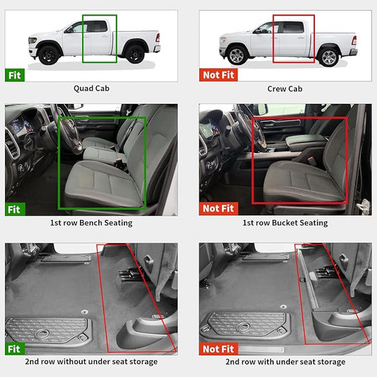 LASFIT Floor Mats for 2019-2024 Dodge Ram 1500 Quad Cab Without 2nd Row Under Seat Storage, Fit for Bench Seat & Carpet Flooring, All Weather TPE Custom Fit Car Mats Floor Liners 1st & 2nd Row, Black