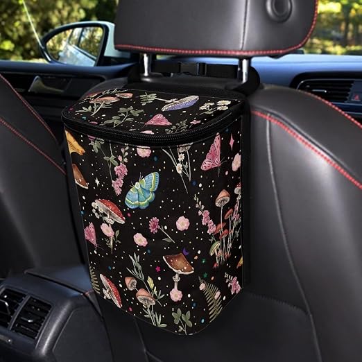 Mushroom Trash Can for Car Cottagecore Moth Boho Car Accessories for Women Portable Leakproof Garbage Can Bags with Zipper and Lid Butterfly Auto Trash Bag Hanging Front Seat