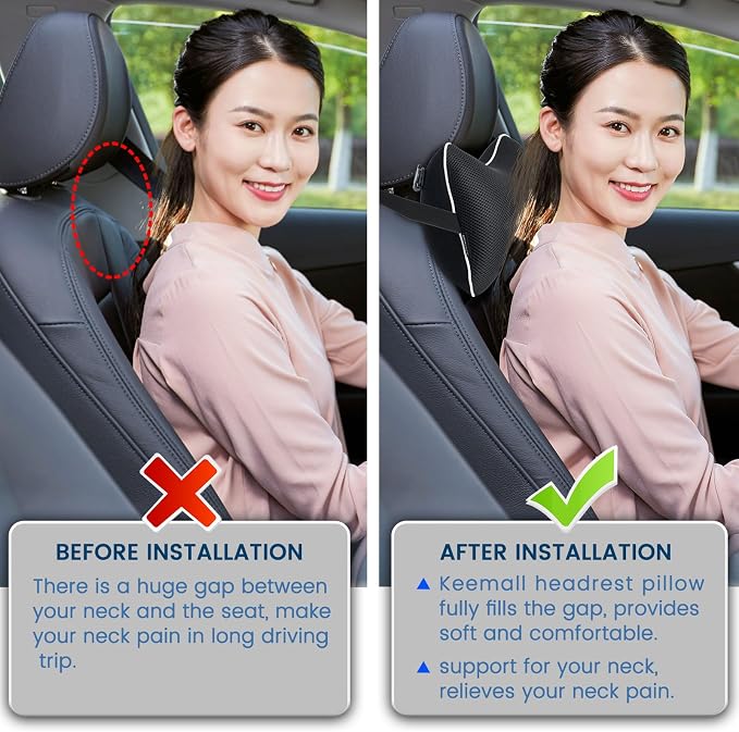 Keemall Inflatable Car Neck Pillow, Soft Headrest Inflatable Car Pillow for Driving Seat with Adjustable Strap, Comfortable Ergonomic Design Neck Support and Breathable Washable Cover