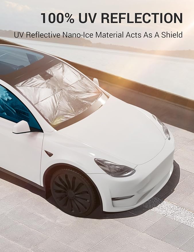 BASENOR 2017-2026 Tesla Model Y Model 3 Windshield Sunshade Umbrell [Nano Ice Crystal Particle] Front Window Shade, Coating 100% Heat Protection Retractable Sunshades
