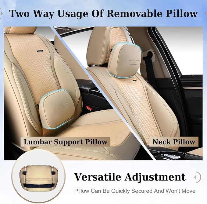 Coverado Car Seat Covers Full Set, Beige Seat Covers for Cars, Waterproof Nappa Leather Automotive Seat Covers with Lumbar Head Pillow, Car Seat Protectors, Universal Fit for Most Cars SUV
