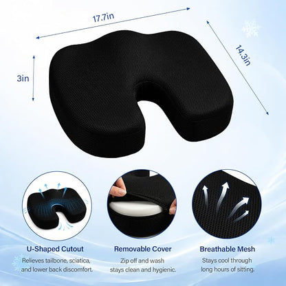 Gel Memory Foam Seat Cushion, Office Chair Cushion for Long Sitting – Dual-Layer Cooling & Slow Rebound Foam for Back & Sciatica Pain Relief, Memory Foam Seat Cushion for Office, Wheelchair, Car
