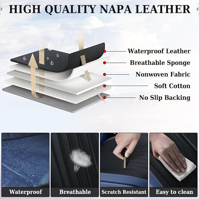 Coverado Car Seat Covers Full Set, Car Seat Protector Car Seat Cushion, Nappa Leather Seat Covers for Cars, Front and Back Seat Protectors Cushions Universal Fit for Most Cars Vehicles(Blue&Black)