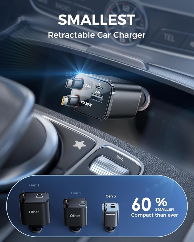 Retractable USB C Car Charger, Phone 16 Car Charger Fast Charging with Dual Type C Cable, Car Accessories Small USBC Car Adapter