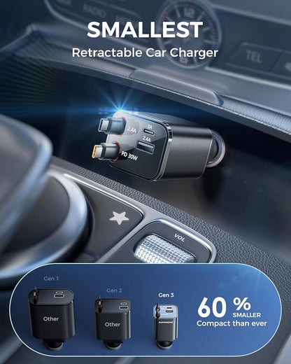 Retractable USB C Car Charger, Phone 16 Car Charger Fast Charging with Dual Type C Cable, Car Accessories Small USBC Car Adapter