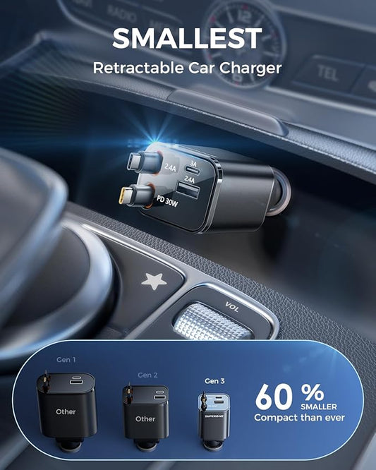 Retractable USB C Car Charger, Phone 16 Car Charger Fast Charging with Dual Type C Cable, Car Accessories Small USBC Car Adapter