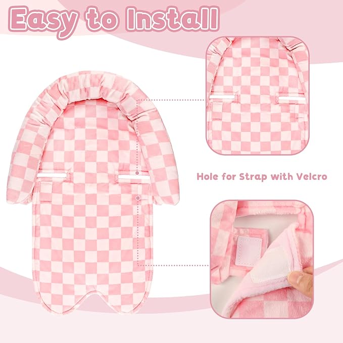 Infant Car Seat Insert with 2 Strap Pads, Carseat Cushion Baby Boy & Girl, Soft and Comfortable Carseat Head Support for Newborn, Pink Checkered