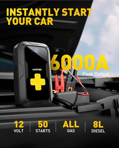 Jump Starter with Air Compressor, AUXITO 6000A Portable Car Jumper, 150PSI Digital Tire Inflator, 12V Jump Box for All Gas/8L Diesel Engine, Power Bank with Type-C Quick Charger, 400LM Emergency Light
