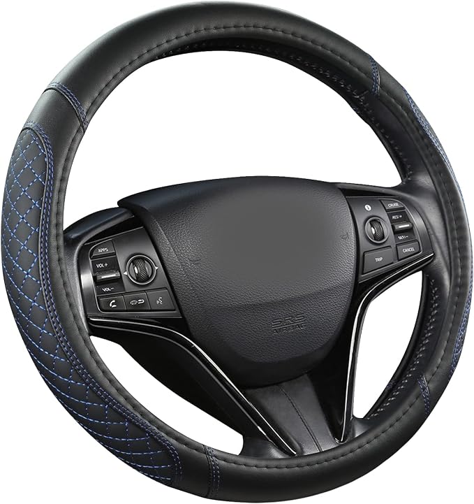 West Llama Customized Auto Car Steering Wheel Cover for Honda Civic, CR-Z, Insight, S2000, 14" - 14.25" (Diamond Quilted-Black+Blue-Small Size)