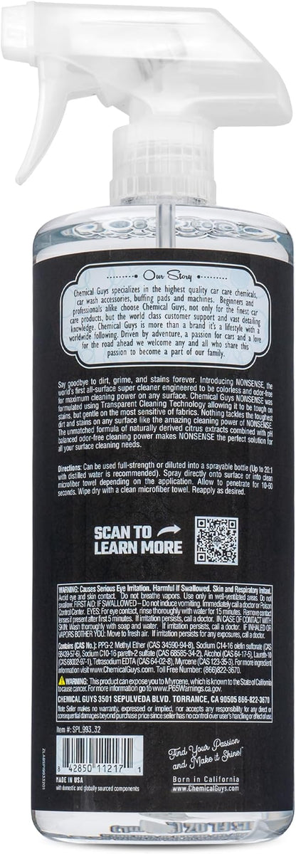 Chemical Guys Nonsense Colorless & Odorless All Surface Cleaner - Clear, Safe for Vinyl, Rubber, Plastic, Carpet, and Upholstery, pH Balanced, Residue-Free, Unscented, 32 oz Spray