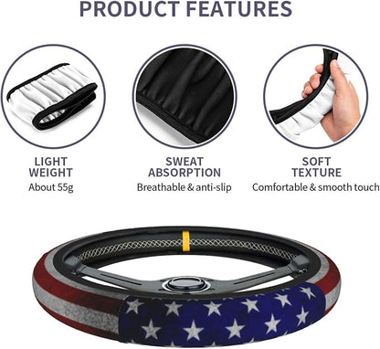 American Flag Steering Wheel Cover + 2 Pieces USA Car Coasters | Anti-Slip Breathable Universal for 14.5-15.5 Inch Car Suitable for Men Women