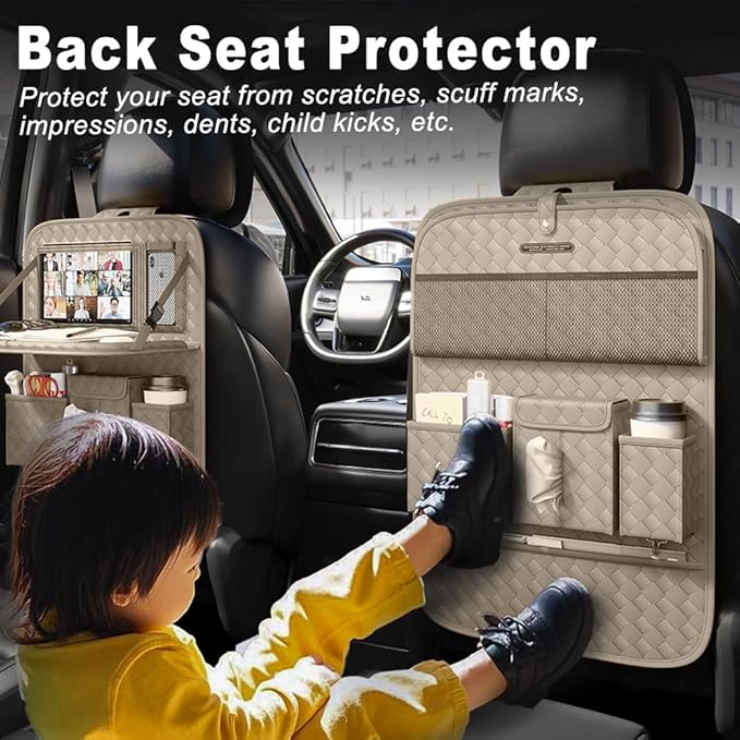 XDV Car Seat Organizers,Multi-functional Back Seat Protectors, Storage Pouches, and Tray Holders (for Cars, Kids, Seat Back and Rear Seats) (Woven Beige, 2 Pcs)