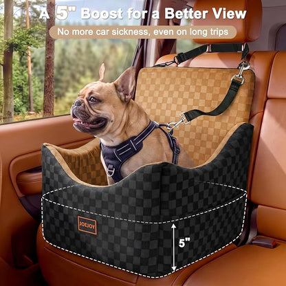 JOEJOY Elevated Dog Car Seat for Small/Medium Dogs up to 35 lbs, Memory Foam Booster Seat with Detachable Washable Cover, Travel-Safe Car Bed with Safety Belts & Storage Pockets, Brown