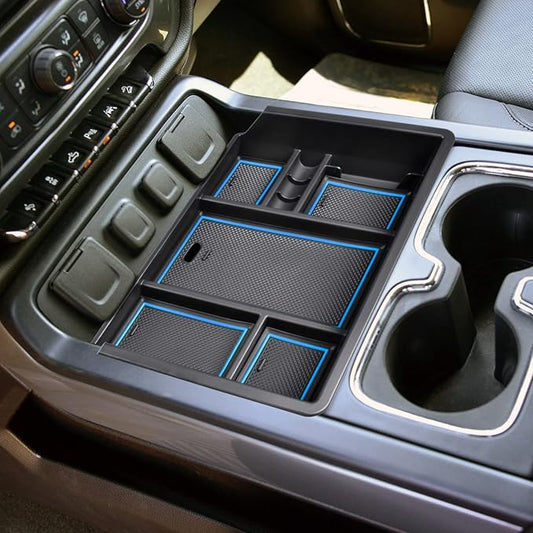 Center Console Organizer Tray Compatible with Chevy Silverado/GMC Sierra 1500/2500/3500HD 2014-2018,15-19 Silverado/Sierra 2500HD/3500HD Accessories Compartment,Full Console w/Bucket Seats ONLY,Blue