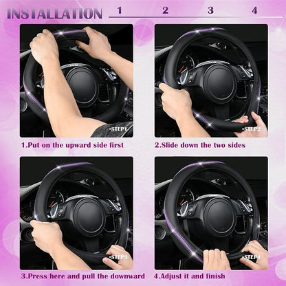 CAR PASS Bling Diamond Black Leather Steering Wheel Cover, Studded Crystal Rhinestones Universal Fit 14" 1/2-15" Glitter for Women Sparkle Girl Fit Suvs,Vans,Sedans,Car,Trucks, Purple Diamond