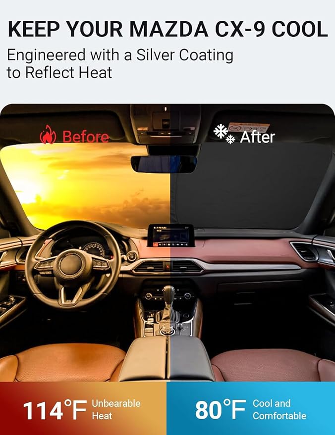 Proadsy 2026 Upgrade Front Windshield Sun Shade Foldable Sunshade Protector Custom Fit 2016-2023 CX-9 CX9 Sport Utility SUV Accessories