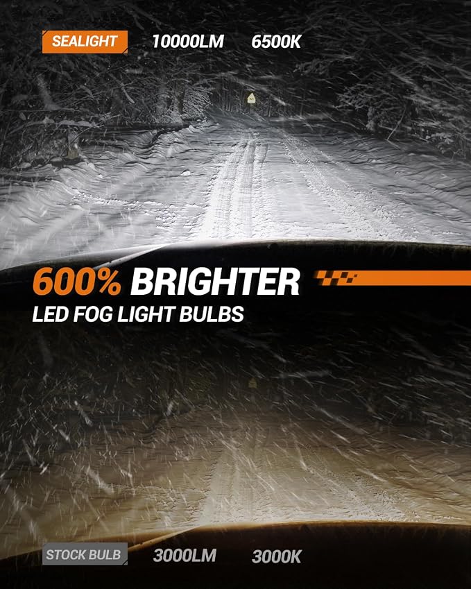 SEALIGHT H10 9145 LED Fog Light Bulbs or DRL, 600% Brightness 50000 Hours Lifespan 9140 9145 H10 LED Bulb, 10000LM 6500K Cool White Strong Penetration, Play and Plug, Driving Lights, Pack of 2