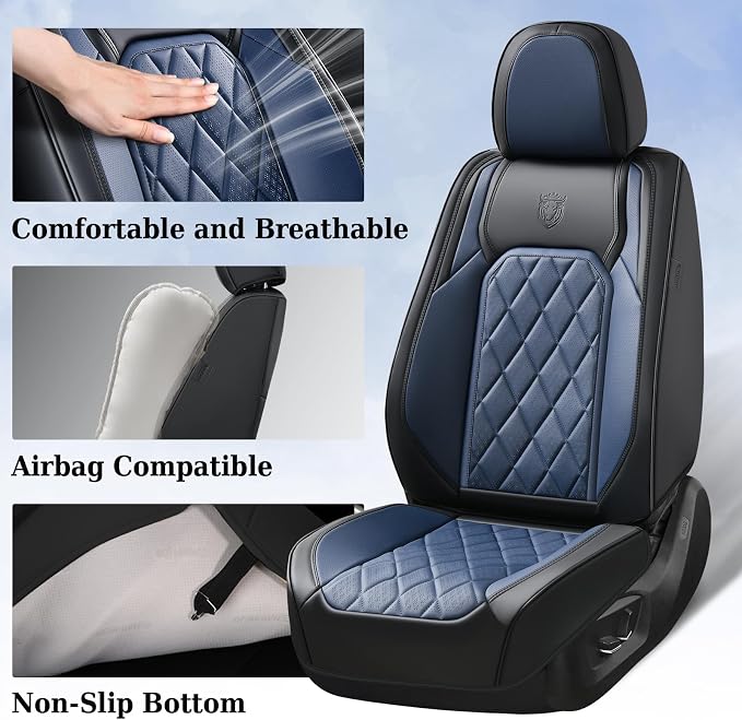 Coverado Leather Seat Covers, Car Seat Covers Full Set, Waterproof Faux Leather Black and Blue Seat Covers, Car Seat Protectors 5 Seats, Automotive Seat Covers Universal Fit for Most Cars SUV Trucks