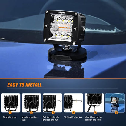 Nilight 2PCS 42W Light Bar 3Inch Cube Pod Light Amber White Strobe 6 Modes Memory Function, Ideal for Fog & Snow Conditions, Off-Road Truck Car ATV Jeep Boat with 16AWG Wiring Harness Kit-2 Leads