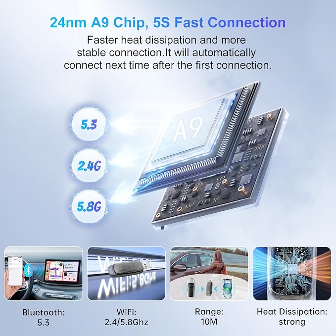 Wireless Carplay Adapter for iPhone, Convert Wired to Apple Carplay Wireless Adapter, Mini Size with Bluetooth 5.30 WiFi 2.4/5.8 GHz, Plug and Play, Connection Stable No Delay