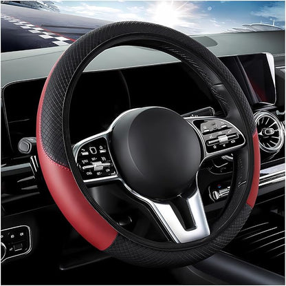 DXNQ Car Steering Wheel Cover, 15 Inch Carbon Fiber Leather Stitching Color Steering Wheel Protector, Anti-Slip Elastic Breathable Steering Wheel Cover Stylish Decor for Most Cars (Wine Red, AD)