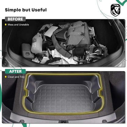 YHTAUTO Rear Trunk Organizer Compatible with Tesla Model Y 2020-2024 (For 5-Seater Only) Accessories, Waterproof Trunk Storage Bins Organizer Upper & Lower Dual Layer Rear Trunk Storage Box - Black
