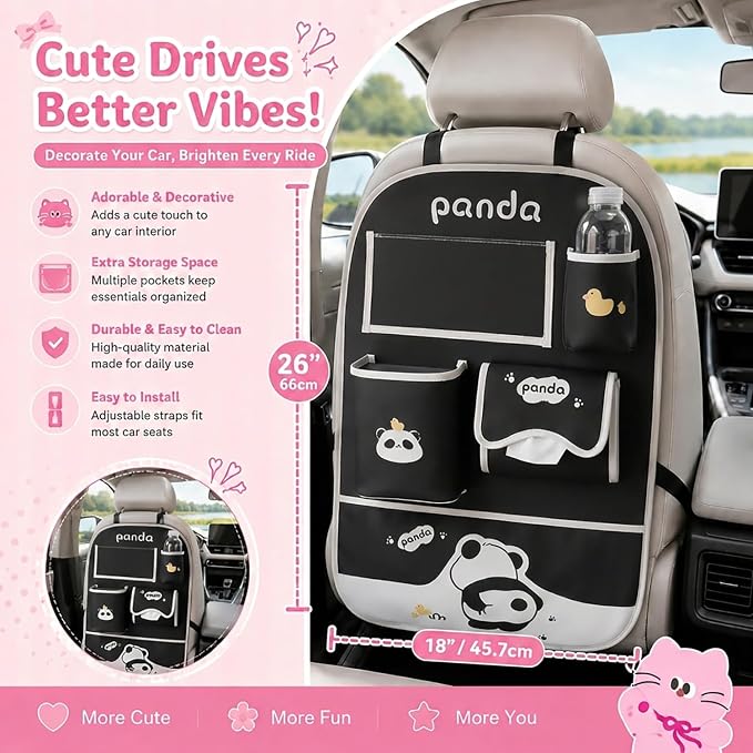 YUNZLAN Cute Panda Leather Car Backseat Organizer 1 Pack Car Seat Back Protectors with Clear 10" Tablet Holder + 4 Storage Pockets