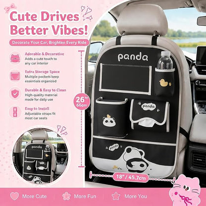 YUNZLAN Cute Panda Leather Car Backseat Organizer 1 Pack Car Seat Back Protectors with Clear 10" Tablet Holder + 4 Storage Pockets