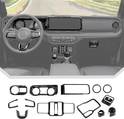 JeCar 14-Piece Black Carbon Fiber Interior Trim Kit for 2024 2025+ Jeep Wrangler JL JLU Gladiator JT - Center Console Dash Interior Decoration Accessories