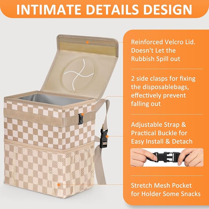 Vankor Car Trash Can Bin with Lid Hanging for Back Seat, Car Accessories for Women Men Leak Proof Automotive Garbage Cans Leakproof Vehicle Trash Can for Truck SUV,Khaki Checkered
