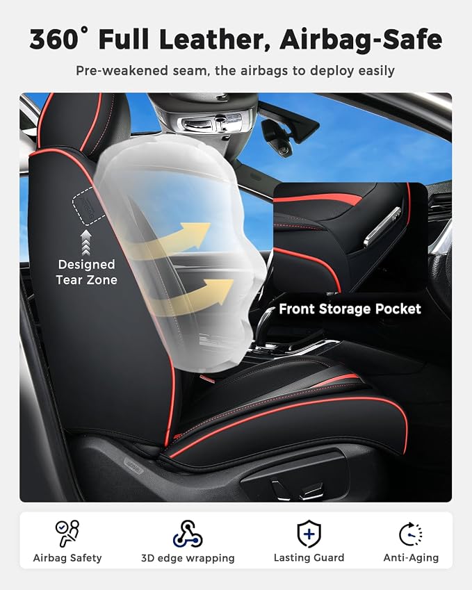Huidasource Seat Covers Luxury Nappa Leather, Car Seat Cover with Velcro Adjustable, Airbag, Lumbar Support, Cooling and Heating, Seat Covers Full Set Universal Fit for Most Cars SUV Trucks, Black&Red